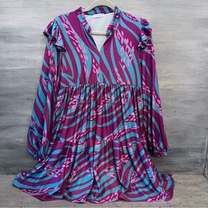 Carole Christian Aqua Purple Zebra Print High Low Dress Size Small Like New